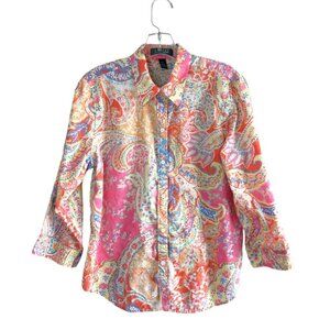 Lauren Ralph Lauren Cotton Paisley Three Qtr Sleeve Button Up Shirt
